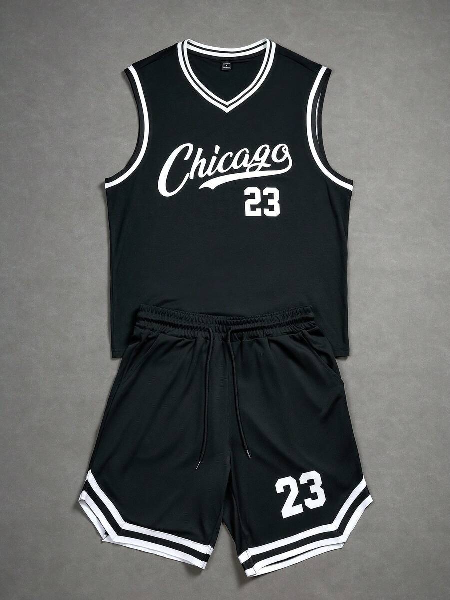 Aesthetic Post 男士字母条纹V领背心和短裤休闲套装 - 黑色 - 查看 1