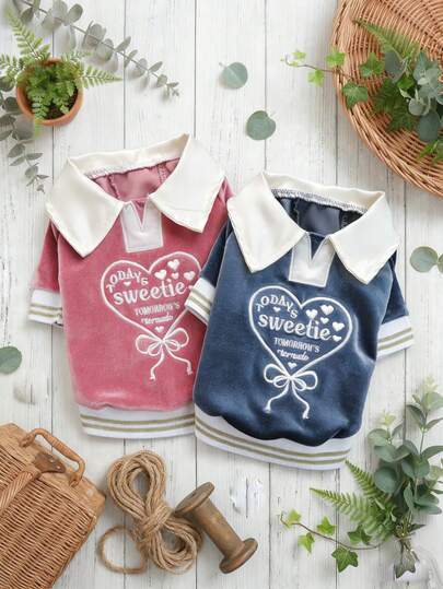 PETSIN 1 Piece Of Cat And Dog Universal Clothing, A Casual And Comfortable Embroidered Heart-Shaped Velvet Polo Shirt, Suitable For Spring Wearing Pullovers