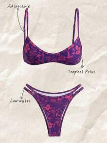 Elavelle 2件套女士随机印花吊带性感比基尼套装，夏季 - 彩色 - 查看 1