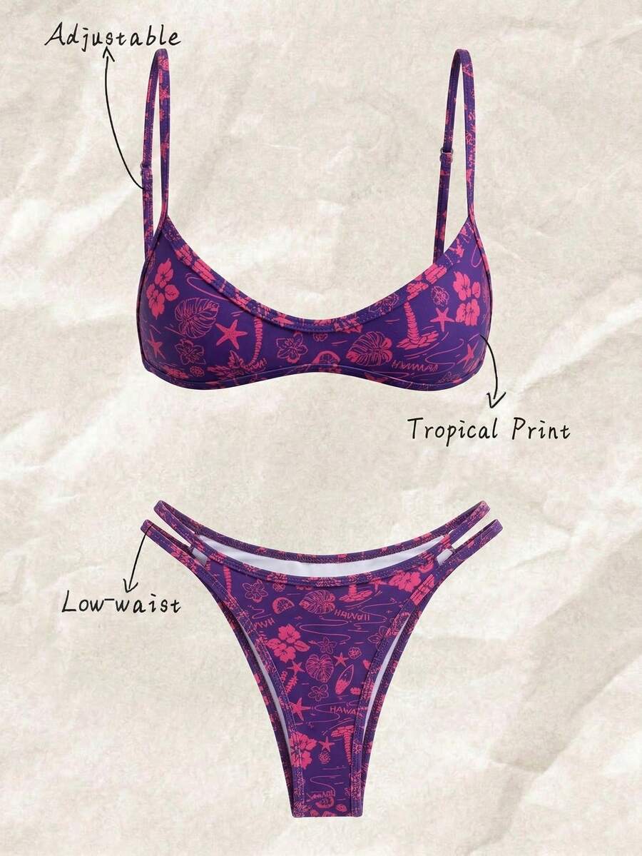 Elavelle 2件套女士随机印花吊带性感比基尼套装，夏季 - 彩色 - 查看 1