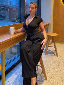 Bethéva Spring & Summer Women Romantic/Prom/Formal/Birthday/90s/Business Casual Woman/Elegant/Western Wear/Going Out/Fashion/Casual/Y2k/Club/Office /Vintage/Rave Festival/Funny/Classy/Old Money/Streetwear/Vacation/Country Concert/Work/Modest/Spring Break/Bachelorette/Concert/Baddie/Basic/Graduation/Low Rise Baggy Wide Leg Pants - Black - View 4