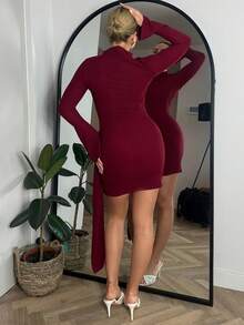 Bethéva 女士立领收腰极简喇叭袖修身中长连衣裙 - 酒紅色 - 查看 2