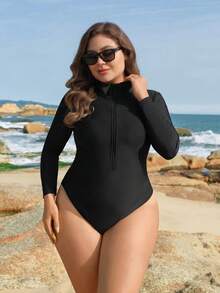 Swim Lushoire Plus Size Women's Solid Color One-Piece Long Sleeve Rash Guard Swimsuit - Black - View 6