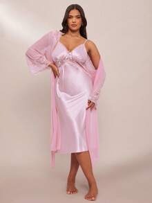 SHEIN BAE Set de 2 piezas de bata y camisón de pijama con parches de encaje de lujo, talla grande - Rosa - Ver 5