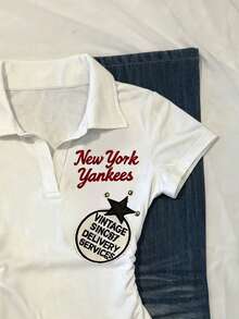 Glimmora 女士字母五角星印花 Polo 领短袖 T 恤 - 白色 - 查看 3