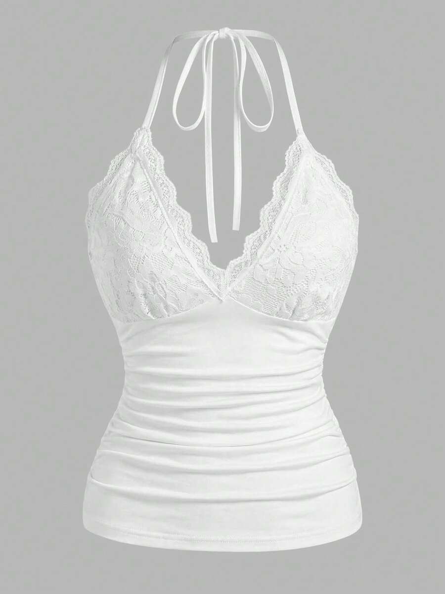 Sweetra Plus Size Women Lace Halter Tie Ruched Fitted Casual Blouse - White - View 1