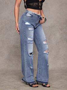 Jeanoix Y2K 时尚低腰休闲做旧水洗直筒牛仔裤 - 中等水洗藍 - 查看 5