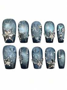 Móng giả acrylic thủ công họa tiết mắt mèo băng tuyết xanh dương, bông tuyết pha lê, dán móng. Họa tiết bông tuyết lấp lánh, móng giả kiểu Pháp, móng giả dài hình quan tài, dụng cụ làm móng tự làm, có thể tái sử dụng, thích hợp dùng hàng ngày. - Màu xanh nhạt - Xem 11