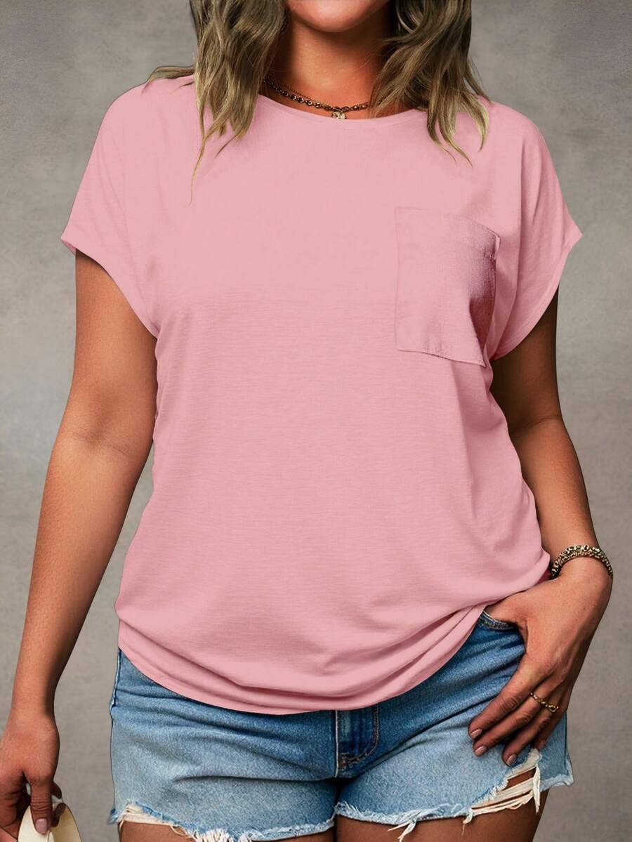 EMERY ROSE Plus Size Pink Solid Round Neck Batwing Short Sleeve Chest Pocket Straight Hem Loose Casual T-Shirt Women Summer Basic Tee Tops - Multicolor - View 1