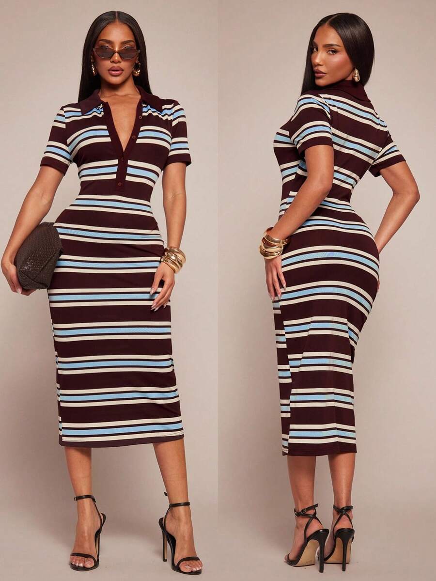 Radiana Đầm ngắn tay cổ polo dáng ôm, thời trang retro, phối sọc tương phản, dành cho nữ cỡ lớn mùa xuân/hè, màu nâu cà phê, kiểu dáng thường ngày, dài ngang gối, phù hợp cho đi chơi hàng ngày, dạo phố, đi làm, văn phòng, kinh doanh, tụ họp thường ngày, đi nghỉ mát. - Nhiều màu - Xem 1
