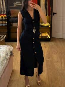 Siren Gaze V领无袖亚麻连衣裙，配腰带，修身开襟连衣裙，纽扣衬衫裙，休闲中长连衣裙，商务休闲连衣裙，夏季女士休闲连衣裙 - 藏蓝色 - 查看 8