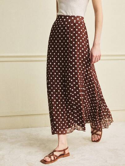 Écloséra Women's Elegant Brown Chiffon Polka Dot Pleated Flared Skirt, Vintage Style