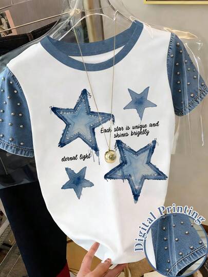 Resyla أحدث طراز ساخن، تي شيرت نسائي قصير الأكمام مزين بنقوش نجمية على أكمام الجينز المخصصة، مناسب للتنقل اليومي إلى المدرسة، للصديقات والملابس الكاجوال للتسوق، وأسلوب متعدد الاستخدامات للربيع والصيف