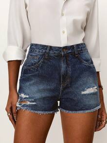Daynim Quần short denim rách gấu không viền - Rửa tối - Xem 5