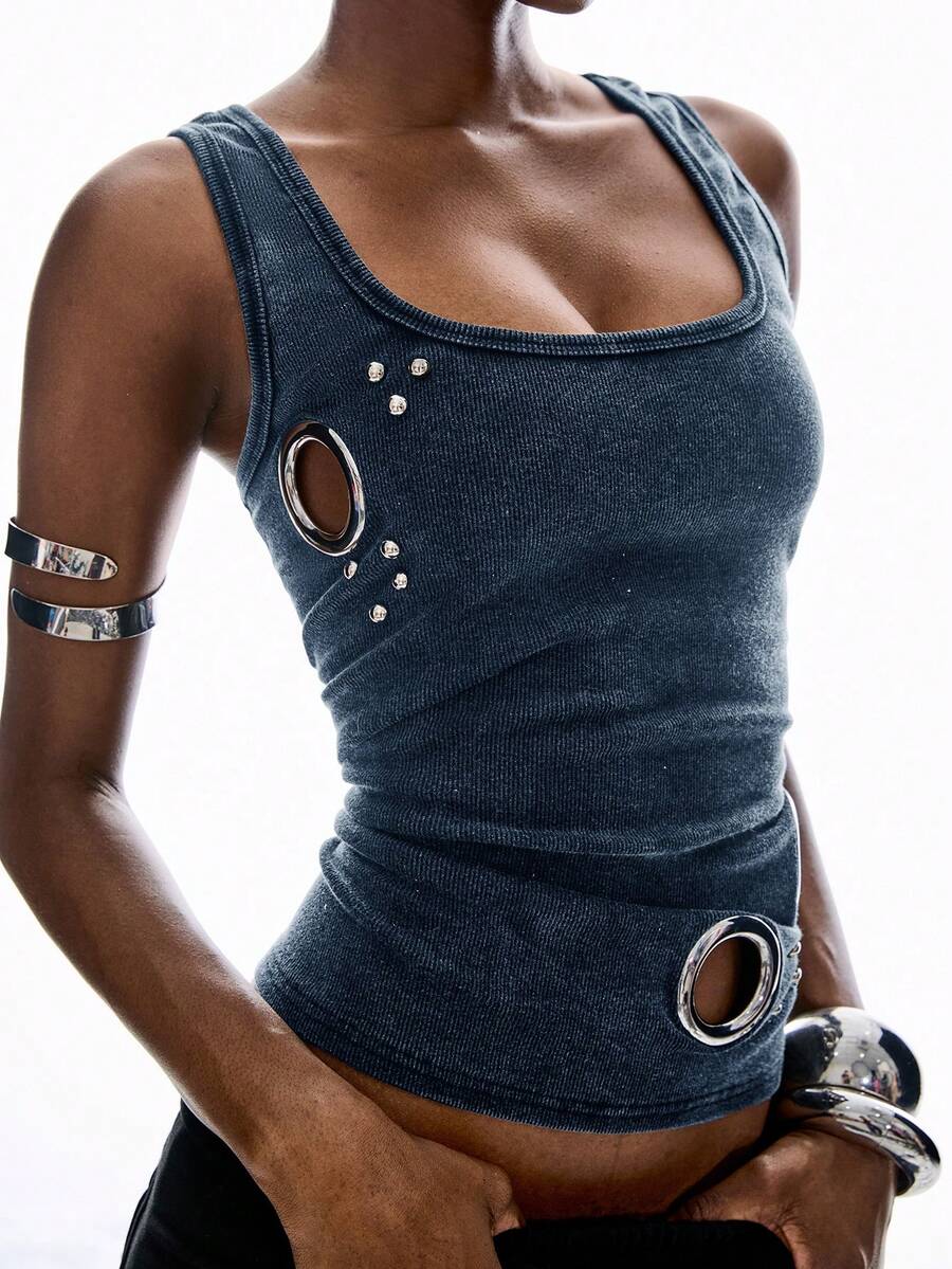 LYSMO 女士纯色U领宽肩带镂空修身时尚夏季吊带衫 - 藍色 - 查看 1