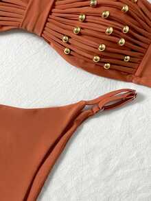 Swim Vcay Ensemble de maillot de bain 2 pièces avec Top bandeau à bretelles réglables et bas à taille coulissante avec perles - Lie de vin - Voir 7