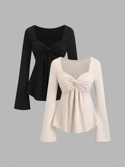 SHEIN Tall Women's Solid Color Twist Pleated Casual Versatile Date Night Long Sleeve Top