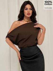 Firerie 女士深咖啡棕色不对称肩部衬衫，舒适上衣，度假上衣，休闲度假衬衫，春夏服装，优雅，通勤，工作装，返校，度假，波西米亚风，海滩，正式场合，舒适，复古，上衣，通勤装 - 咖啡棕 - 查看 7