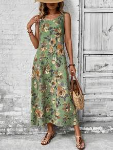 Rusticease 大码女式无袖长款印花连衣裙，早春 - 橄欖綠 - 查看 4