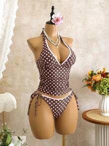 Swim Mod Bộ bikini phong cách retro ngọt ngào dành cho bé gái, màu hồng chấm bi, cổ chữ V khoét sâu, giúp thon gọn vòng bụng, thích hợp cho kỳ nghỉ hè. - Nhiều màu - Xem 4