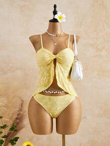 Bellisia 2022 Spring/Summer Women's Beach Outfit, Women's Camisole Strap Bikini 2-Piece Set, Beach Vacation INS Sexy Chic Fresh Sweet 3D Floral Texture Fabric, Elegant Romantic Twist Spaghetti Strap, Ruffle Hem, Detachable Straps, Reversible Camisole Bikini Set - Light Yellow - View 8
