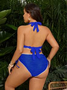 SHEIN Swim Curve 大码女士性感比基尼两件套泳衣，特殊面料花卉饰边，沙滩派对度假泳装 - 寶藍色 - 查看 2