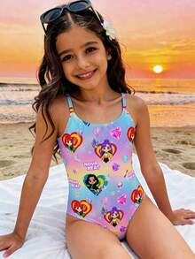 Cartoon Girl , Vibrant Purple, K-Pop Superstars , Tween Girls Camisole One-Piece Swimsuit, Suitable For Summer - Multicolor - View 1