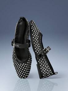 CUCCOO GRLICON 女士网眼水钻搭扣玛丽珍芭蕾舞鞋，适合Y2K、朋克、时尚女孩、万圣节、圣诞节和派对装扮 - 黑色 - 查看 1