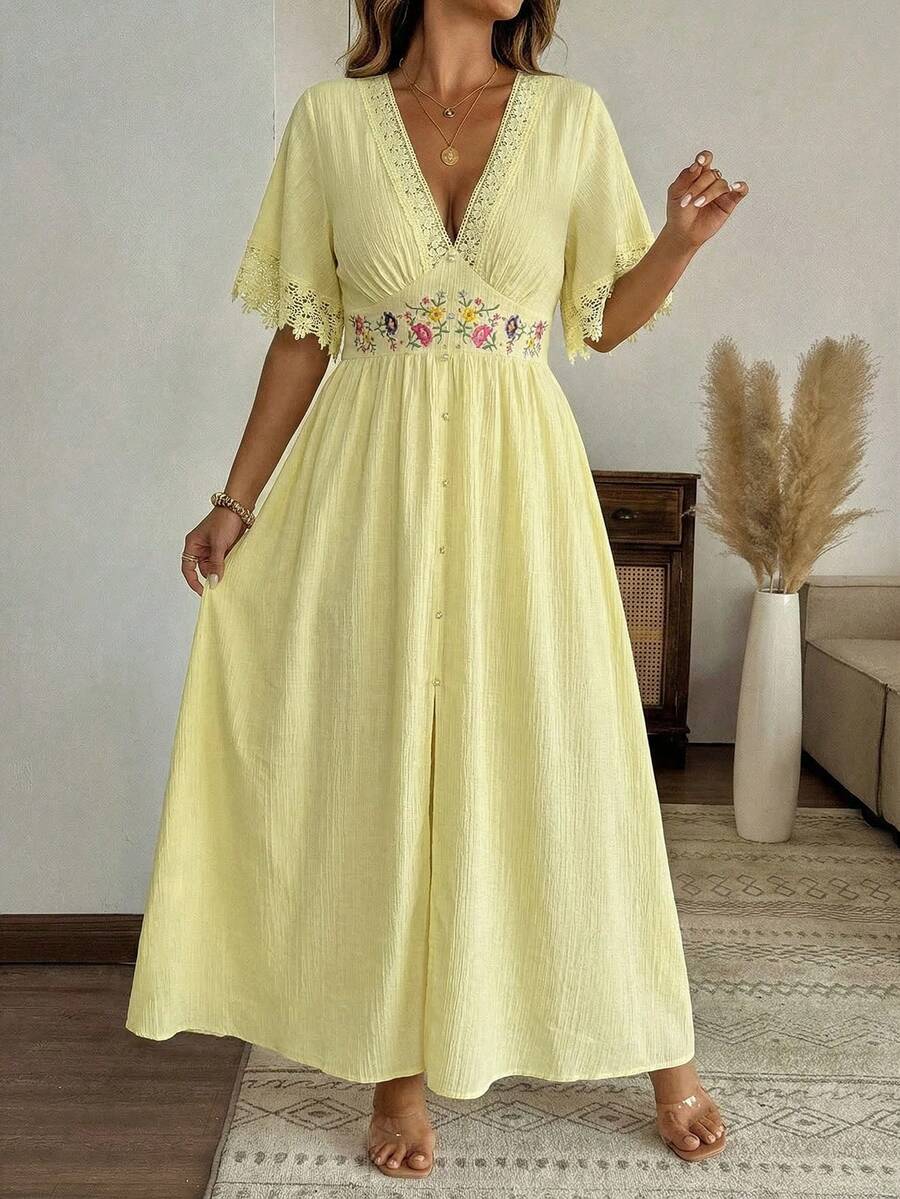 SHEIN Clasi 大码女式撞色蕾丝花卉图案优雅连衣裙 - 黃色 - 查看 1