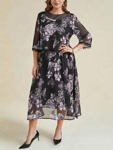 Rometta 女士优雅简约网纱蕾丝拼接花卉大码两件套黑色花卉连衣裙女士雪纺连衣裙女士优雅真丝连衣裙女士优雅派对连衣裙女士特殊场合连衣裙黑色花卉长裙女士花卉正式连衣裙蕾丝边连衣裙 - 彩色 - 查看 5