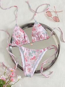 Swim Mod Nuevo bikini de estilo floral del campo francés para el verano, traje de baño de dos piezas sexy con cuello de halter y lazos - Multicolor - Ver 5