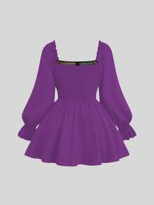 Sweetra Plus Size Dark Style Square Collar Jacquard Waist Flared Hem Shirt - Purple - View 2