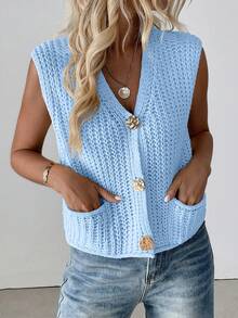 Breezaya Neue V-Ausschnitt gerippte Strickjacke Weste, modisch elegant und anmutig Damenkleidung - Babyblau - Übersicht 3