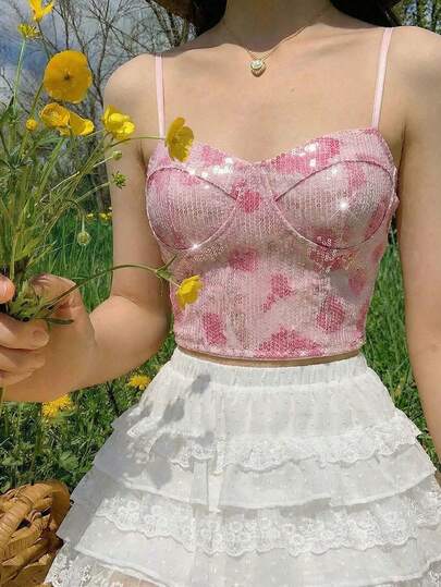 SHEIN MOD Women's Pink Floral Pattern Sequin Camisole,Summer Tops, Spring Outfit , Party Tops,Beach Outfit ,Graduation Outfit,Elegant Women's Set,Sequin Top,Y2k,Floral Top,Pink Top,Going Out,Birthday,Hot Sell