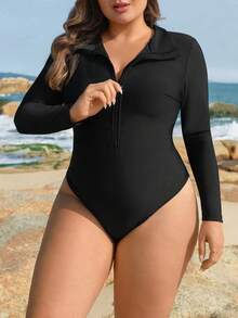 Swim Lushoire Plus Size Women's Solid Color One-Piece Long Sleeve Rash Guard Swimsuit - Black - View 3