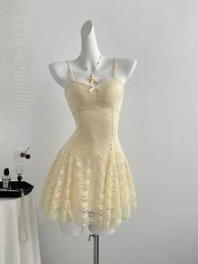 Sweetra 法式夏季优雅粉色蕾丝小众设计甜美吊带迷你连衣裙，女士款 - 杏色 - 查看 5