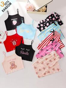 女童可爱字母、草莓、薯条、条纹、柠檬熊印花吊带背心+裤子睡衣套装，适合日常居家穿着（随机发货，3件吊带背心+3条裤子） - 彩色 - 查看 1