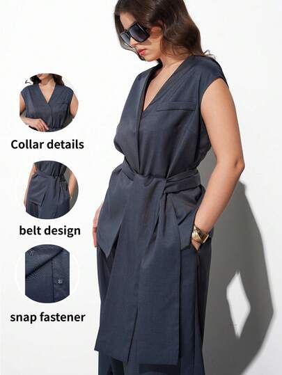 Maija Plus Size 2026 Early Spring New Women's Suit Set, Pink Collarless Wide Shoulder Single Pocket Design Vest, Loose Fit Blazer, Business Casual Daily Commute Elegant Beach Resort Suitable For Wedding Guest, Country Music Festival, Brunch, Airport Outfit, 90s Retro Business Casual Women's Suit Set, 2026 Spring Summer, Valentine's Day, Christmas, Thanksgiving, Fashionable Versatile Women's Suit Set Jumpsuits For Woman Plus Work Clothes Women Summer Dress With Pockets For Women Women Easter Summer Outfits Easter Dress Women Party Top Beach Dress Summer Holiday Outfits Each Vacation Outfits For Women  Summer Outfit For Women Going Out Outfits Graduation Graduation Outfit  Casual Dresses  Casual Blouses For Women Dress With Pockets Curve Denim Dress For Curvy Women Jumpsuits For Woman Spring Curvy Jumpsuit Modern Clothes For Women Suit Dress