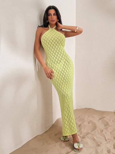 SHEIN Vestido de cubierta de cuello halter de unicolor y hueco para mujer para vacaciones