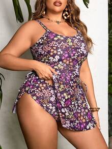 Swim Lushoire 大码女式假日沙滩彩色印花吊带蝴蝶结吊带比基尼套装 - 淺灰紫 - 查看 5