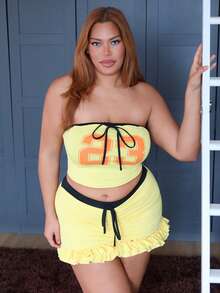 MelDlgn 2pcs 2025 Spring/Summer New Streetwear & Sexy Style, Yellow Contrast Black Trim, No.23 Graphic, Fitted Bustier With Decorative Drawstring And Multi-Layer Ruffle Hem Mini Skirt, Plus Size Ladies 2 Pieces Set - Yellow - View 5