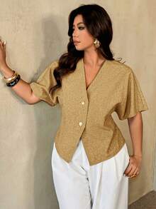 Auralis Camisa de uso diario versátil de talla grande, de unicolor y cuello en V de abotonadura sencilla - Amarillo - Ver 6
