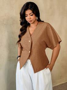 Auralis Camisa de uso diario versátil de talla grande, de unicolor, con cuello en V y abotonadura sencilla - Café integral - Ver 3