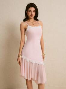 Poéselle French Elegant Pink Lace Trim Camisole Dress,Light Pink Asymmetrical Hem Lace Trim Midi Dress, Spaghetti Strap Sleeveless Elegant Summer Wedding Guest Brunch Party Outfit For Women,French-Style Dress,2026 New Arrival, - Pink - View 6