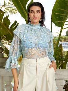 VOLUPTÉ CURVE Plus Size Blue Lace Ruffle Trim Sheer Blouse - Blue - View 5