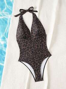 Swim Lushoire 2026 Spring/Summer Special Fabric Brown Halter Backless Pleated Deep V-Neck Fitted Elegant One-Piece Swimsuit For Women - Multicolor - View 6