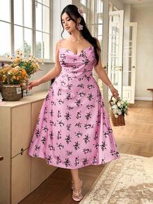 Celure Vestido elegante de tirantes finos con estampado floral para mujer de talla grande - Morado - Ver 4