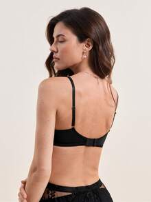 SHEIN 对比色蕾丝钢圈性感内衣文胸 - 黑色 - 查看 2