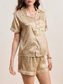 LuxeNights Leopard Jacquard Contrast Piping Satin Blouse & Shorts PJ Set / Pajama Set - Army Green - View 8