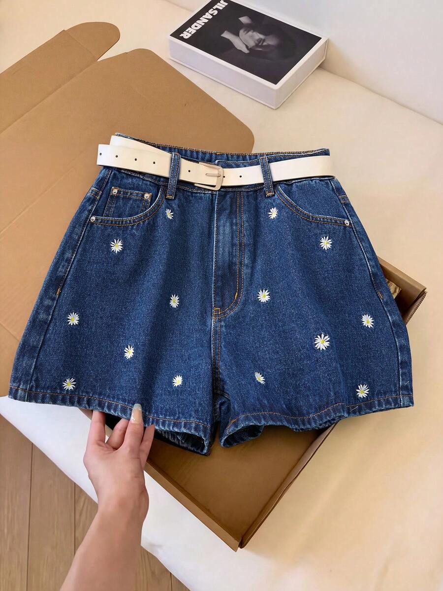 GlowEve Women's Embroidered Denim Shorts, Summer - Dark Wash - View 1